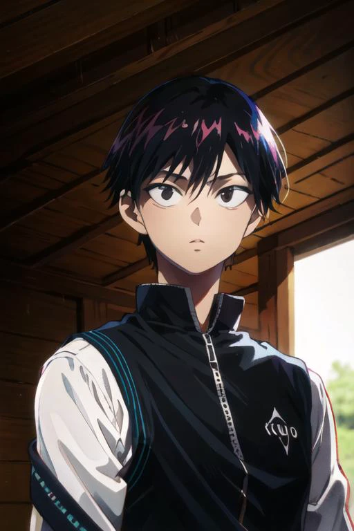 masterpiece, best quality, high quality, 1boy, solo, male focus, looking at viewer, upper body, <lora:kuro:0.64>, kuro, black hair, black eyes, short hair, realistic,