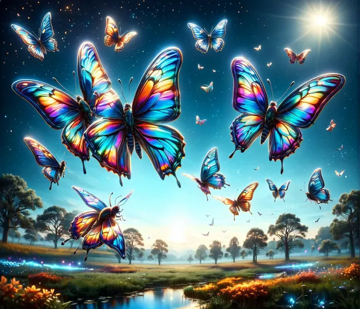 ais-rdscnt, flying butterflys, octan render, night, magic meadow, <lora:Iridescent:1> <lora:add-detail-xl:1>