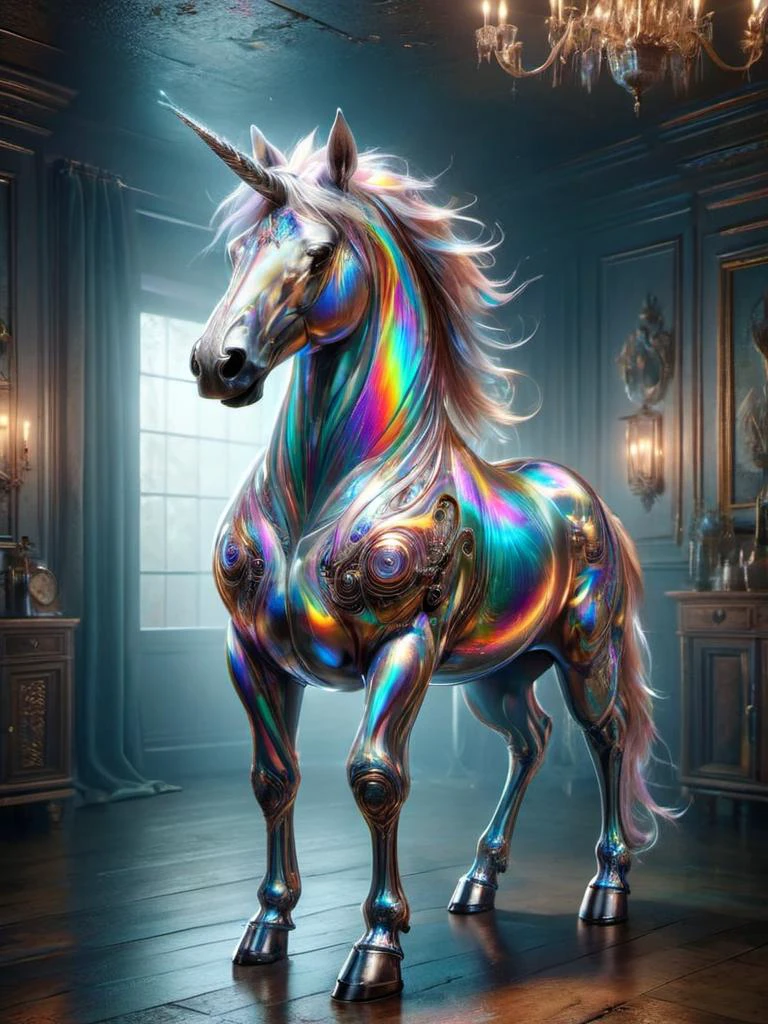 award winning photograph of a magical glowing unicorn with radiant grace made of ais-rdscnt in wonderland, whimsical, fantasy art concept, steampunk, intricate details, best quality, masterpiece, ultra sharp, hyper realistic, realism, <lora:Iridescent:1>
