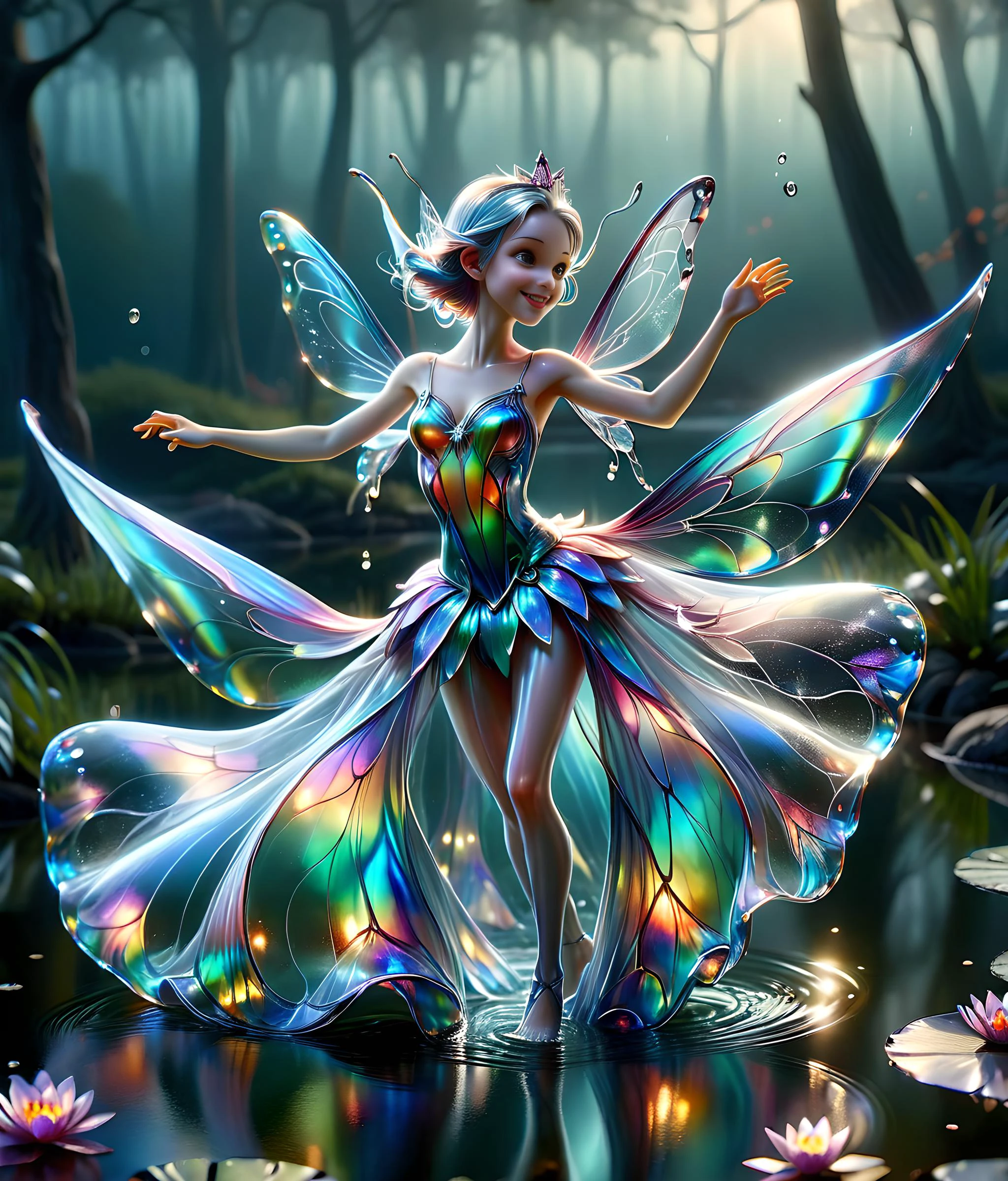 tranzp, low angle shot, pixar studios, a translucent glass fairy dancing on the surface of a pond, detailed face, laughs, looking to viewer, fog in background, alcohol ink on quicksilver, deep rich colors, <lora:Iridescent:0.3> <lora:add-detail-xl:1> <lora:DetailedEyes_V3:1> <lora:tranzp:1>
