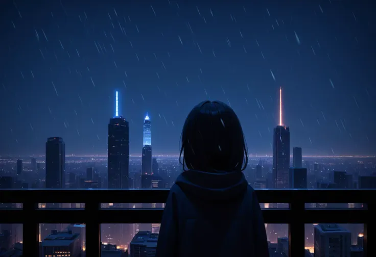 score_9, score_8_up, source_anime, 1girl, cowboy shot, rule of thirds, composition, cinematic, very wide shot, night, night sky, skyline, cityscape, snowing, looking away, from behind, cinematic, cold lighting, blue theme, dark theme, silhouette