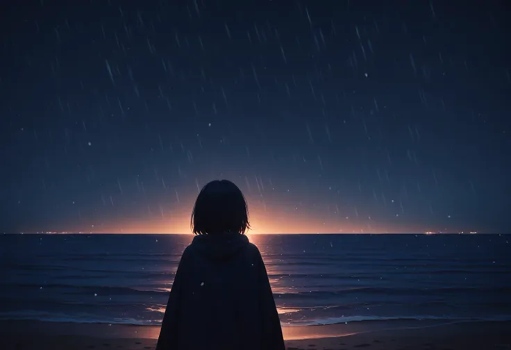 score_9, score_8_up, source_anime, 1girl, cowboy shot, rule of thirds, composition, cinematic, very wide shot, night, night sky, ocean, snowing, looking away, from behind, cinematic, cold lighting, blue theme, dark theme, silhouette