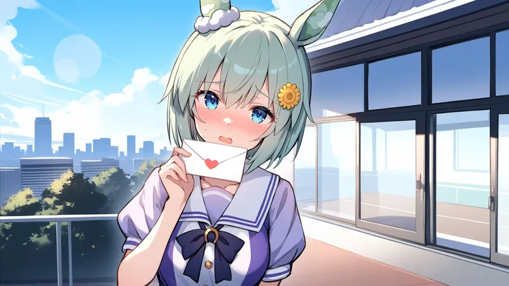 1girl, solo, seiun sky \(umamusume\), 
short hair, hair between eyes, blue eyes, 
She was taken aback by the sudden confession,
standing, shy,( blushing:1.5), looking at viewer, surprised, (receive a love letter:1.4), white envelop,upper_body, holding a letter,
Tracen Summer Uniform, 
school rooftop, school, cityscape, available light, Anime,
masterpiece,best quality,