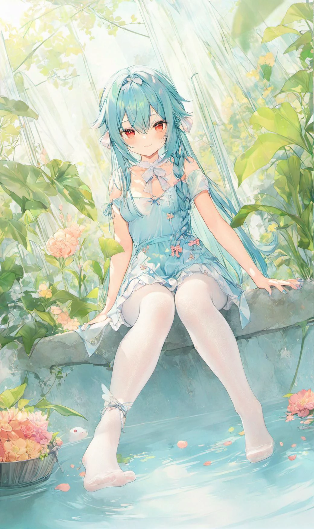 chen bin,original,qiya \(kia 098\),1girl,blue hair,blue nails,blush,bow,braid,breasts,closed mouth,dutch angle,flower,full body,hair between eyes,hair bow,long hair,looking at viewer,nail polish,no shoes,pantyhose,plant,red eyes,ribbon,sitting,skirt,small breasts,smile,soaking feet,solo,straight hair,water,white pantyhose,aesthetic,beautiful,beautiful color,masterpiece,best quality,artist 鬼éè,<lora:EularA:1>,<lora:atdan0.3:1>,atdan