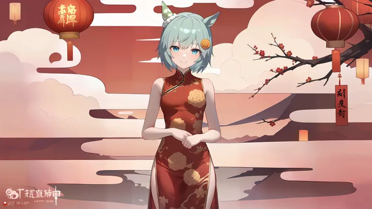 1girl, seiun sky \(umamusume\), umamusume,
happy chinese new year, red china dress,
standing, smile, looking at viewer,
red background, æè´ºæ°å¹´, å¹´ç»,
closed shot,
masterpiece, best quality, wlop,