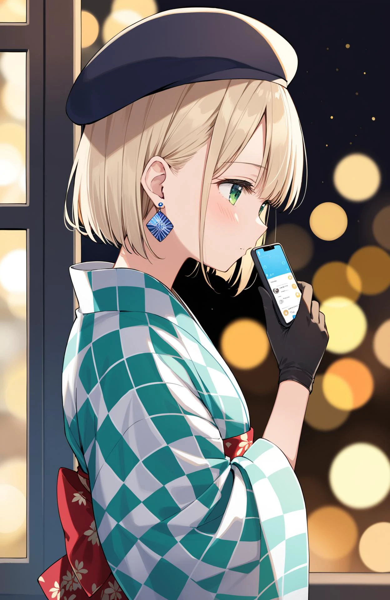 1girl,solo,gloves,japanese clothes,black gloves,kimono,hat,blurry,depth of field,serizawa asahi,bangs,beret,short hair,bokeh,phone,upper body,blonde hair,checkered clothes,wide sleeves,blush,green eyes,blurry background,checkered kimono,earrings,from side,holding,closed mouth,blue eyes,holding phone,looking outside,window,