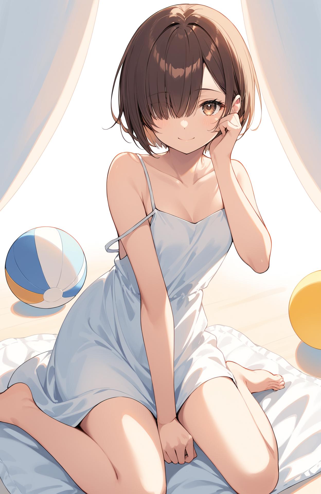 Anime girl in a white dress sitting on a bed with a beach ball - SeaArt AI