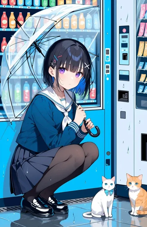 1girl, transparent, school uniform, rain, umbrella, cat, hair ornament, pantyhose, squatting, skirt, transparent umbrella, serafuku, holding, short hair, solo, purple eyes, black footwear, white sailor collar, outdoors, loafers, shoes, hairclip, sailor collar, x hair ornament, long sleeves, neckerchief, black hair, pleated skirt, bangs, holding umbrella, blue shirt, animal, shirt, blue serafuku, closed mouth, hair between eyes, black pantyhose, vending machine, blue skirt, black skirt