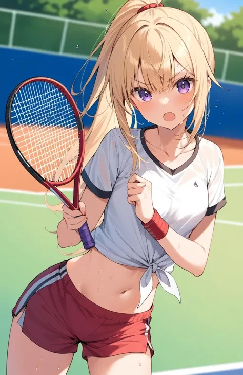 1girl, blonde hair, shorts, solo, racket, long hair, ponytail, shirt, purple eyes, tennis racket, holding, white shirt, tied shirt, short sleeves, midriff, outdoors, cowboy shot, collarbone, short shorts, navel, blurry, sweat, wristband, breasts, open mouth, standing, sportswear, red shorts, bangs, v-shaped eyebrows, day, blush, blurry background, looking away, fence, sweatband