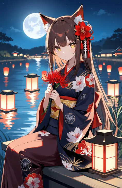 1girl, japanese clothes, flower, kimono, solo, long hair, hair flower, mask, hair ornament, holding, fox mask, looking at viewer, red flower, night, brown hair, moon, holding flower, floral print, spider lily, sitting, full moon, bangs, wide sleeves, outdoors, mask on head, yellow eyes, blurry, sky, print kimono, long sleeves, closed mouth, night sky, lantern, expressionless, water, blurry background