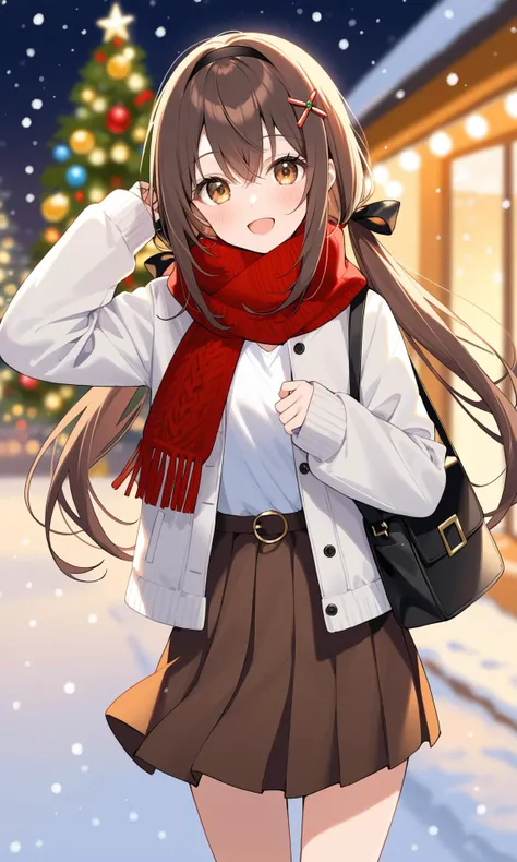 1girl,red scarf,solo,scarf,long hair,brown eyes,smile,skirt,long sleeves,brown hair,very long hair,hair ornament,hairband,:d,bangs,looking at viewer,blurry,bag,blurry background,blush,fringe trim,jacket,hair between eyes,open mouth,outdoors,shoulder bag,black hairband,christmas tree,hairclip,christmas,white jacket,twintails,brown skirt,sleeves past wrists,x hair ornament,arm up,christmas lights,night,snowing,depth of field,low twintails,ribbon,hair ribbon,black skirt,black ribbon,shirt,white shirt,