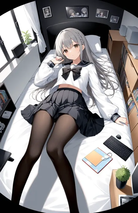 chowbie_jue, bangs, black_bow, black_pantyhose, black_skirt, blurry, blurry_background, bow, braid, brown_eyes, grey_hair, hair_between_eyes, hair_bow, hand_up, highres, legs, long_hair, long_sleeves, looking_at_viewer, original, black background, pantyhose, pleated_skirt, puffy_long_sleeves, puffy_sleeves, sailor_collar, shirt, skirt, solo, standing, white_sailor_collar, white_shirt, solo, messy room, loaded interior, bedroom, (((otaku room))), (computer)wide shot, (lying on back:1.3), Herb Ritts, cowboy shot, fisheye