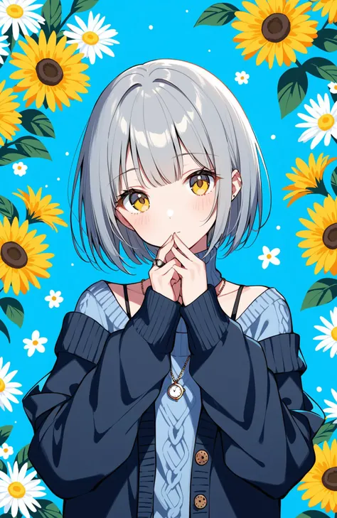1girl,watch,solo,wristwatch,floral background,sweater,looking at viewer,jewelry,upper body,bangs,flower,blush,off shoulder,necklace,long sleeves,closed mouth,hands up,grey hair,yellow eyes,black sweater,own hands together,open clothes,shirt,short hair,jacket,cardigan,blue background,turtleneck,blue sweater,
