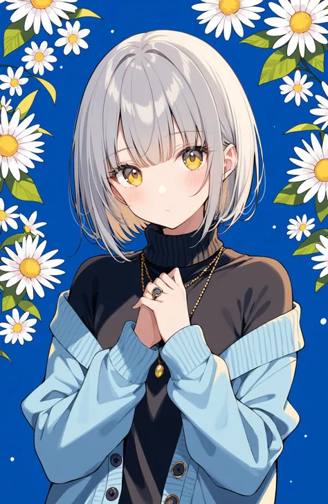 1girl,watch,solo,wristwatch,floral background,sweater,looking at viewer,jewelry,upper body,bangs,flower,blush,off shoulder,necklace,long sleeves,closed mouth,hands up,grey hair,yellow eyes,black sweater,own hands together,open clothes,shirt,short hair,jacket,cardigan,blue background,turtleneck,blue sweater,