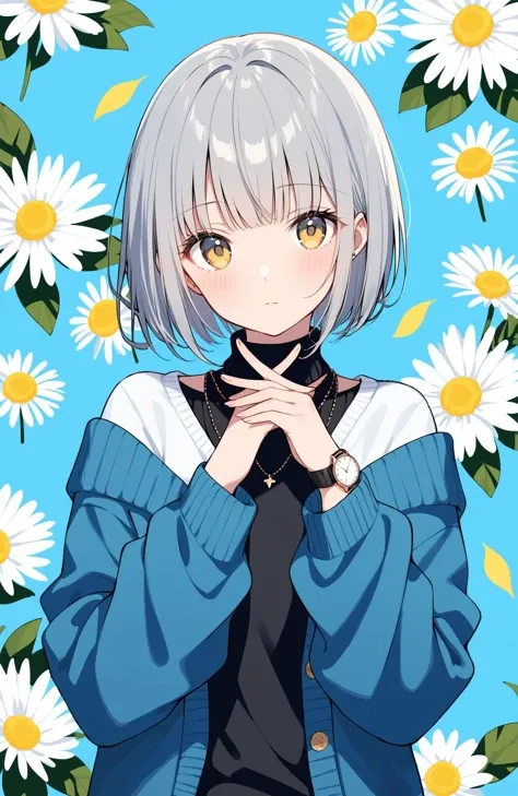 1girl,watch,solo,wristwatch,floral background,sweater,looking at viewer,jewelry,upper body,bangs,flower,blush,off shoulder,necklace,long sleeves,closed mouth,hands up,grey hair,yellow eyes,black sweater,own hands together,open clothes,shirt,short hair,jacket,cardigan,blue background,turtleneck,blue sweater,