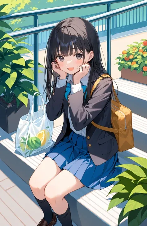 1girl, black hair, sitting, stairs, long hair, bag, solo, socks, skirt, shoes, food, smile, jacket, fruit, open mouth, looking at viewer, bottle, head rest, school uniform, brown footwear, outdoors, black eyes, bangs, black socks, loafers, railing, long sleeves, hands on own face, plant, blue skirt, hands on own cheeks, jacket on shoulders, shirt, blush, :d, plastic bag, shopping bag