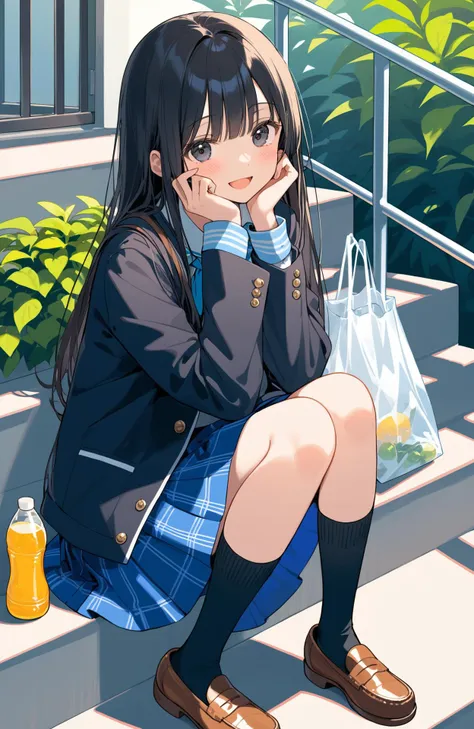 1girl, black hair, sitting, stairs, long hair, bag, solo, socks, skirt, shoes, food, smile, jacket, fruit, open mouth, looking at viewer, bottle, head rest, school uniform, brown footwear, outdoors, black eyes, bangs, black socks, loafers, railing, long sleeves, hands on own face, plant, blue skirt, hands on own cheeks, jacket on shoulders, shirt, blush, :d, plastic bag, shopping bag