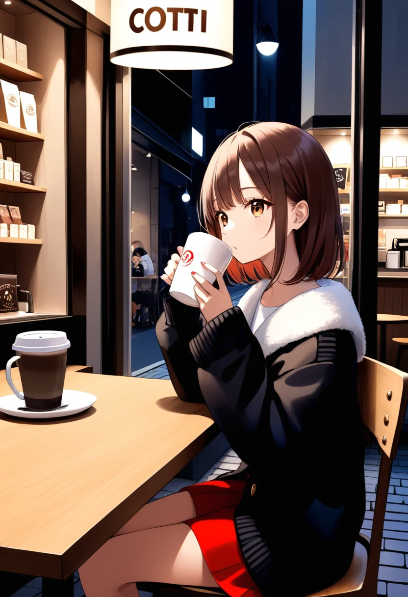 Fashion street in Tokyo, a beautiful girl , a cup of coffee with the 'cotti' logo, She is sitting in a coffee store named 'cotti coffee'