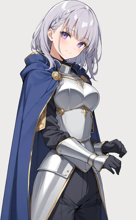 masterpiece, best quality, anime style, 1girl, solo, looking at viewer, armor, dress, pants, cape, older girl, light smile, blush, white background, simple background, standing, medium breasts, gloves, upper body