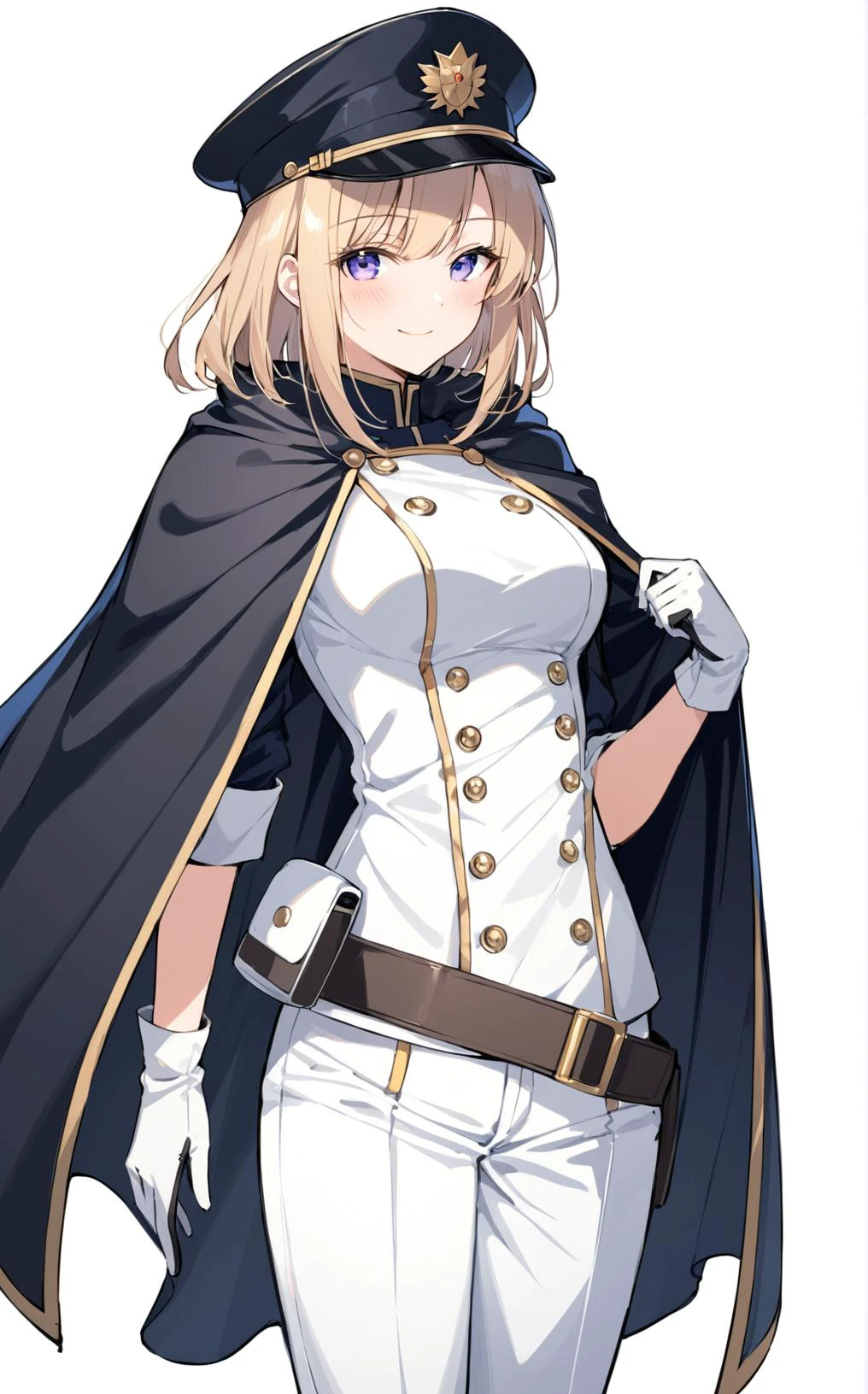 masterpiece, best quality, anime style, 1girl, solo, looking at viewer, fantasy military outfit, pants, cape, older girl, light smile, blush, white background, simple background, standing, medium breasts, hat, gloves