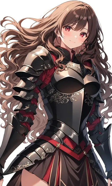 masterpiece, best quality, anime style, 1girl, solo, looking at viewer, fantasy armor, dark armor, older girl, light smile, dark brown hair, crimson eyes, blush, white background, standing, medium breasts, wavy hair