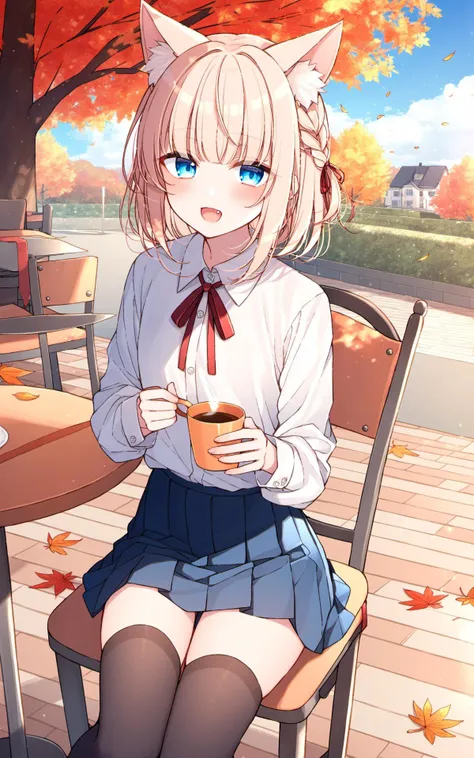 (masterpiece),(best quality),artist(é¨é³),ameoto,1girl,thighhighs,blue eyes,animal ears,sitting,cup,solo,smile,braid,black thighhighs,shirt,skirt,holding,blush,table,long sleeves,white shirt,holding cup,food,open mouth,looking at viewer,:d,chair,plate,leaf,red ribbon,bangs,pleated skirt,cat ears,stuffed toy,animal ear fluff,autumn leaves,zettai ryouiki,ribbon,on chair,stuffed animal,outdoors,collared shirt,tree,fang,neck ribbon,book,blue skirt,falling leaves,