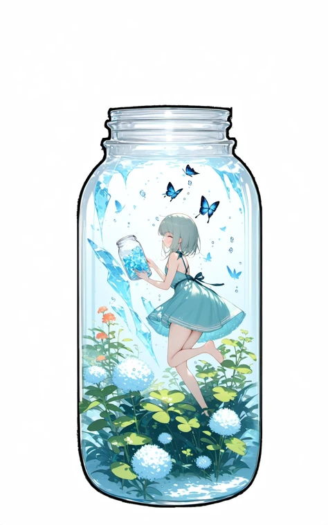 (masterpiece), (best quality), [(white background:1.45)::5], (transparent background:1.3), 1girl, clover theme, plant, ice, underwater, butterfly, (glass jar:1.15), (girl in jar:1.35),