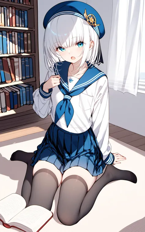 (masterpiece), (best quality), 1girl, solo, looking at viewer, open mouth, bangs, blue eyes, skirt, shirt, thighhighs, long sleeves, hat, sitting, school uniform, full body, white shirt, white hair, pleated skirt, serafuku, black thighhighs, indoors, medium hair, sailor collar, aqua eyes, blue skirt, neckerchief, book, window, beret, wariza, no shoes, curtains, blue sailor collar, blue headwear, bookshelf,