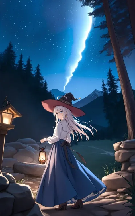 (masterpiece),(bestquality),artist鮿-é¸çé»è½§å²åä¸,elaina (majo no tabitabi),1girl,lantern,hat,outdoors,skirt,blue skirt,blue eyes,witch hat,long skirt,ahoge,long hair,holding,solo,night,shirt,white shirt,sky,jewelry,star (sky),tree,looking back,bangs,earrings,mountain,long sleeves,standing,headwear removed,witch,black headwear,hair between eyes,starry sky,hat removed,night sky,holding lantern,white hair,mountainous horizon,black ribbon,frills,forest,ribbon,from behind,