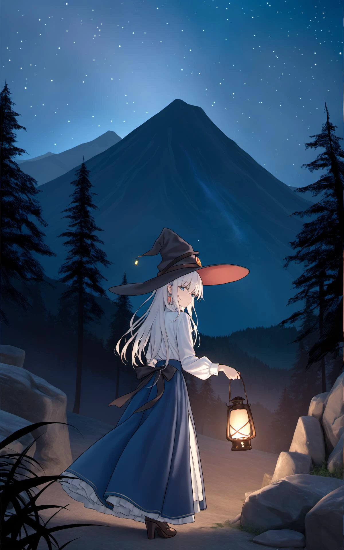 (masterpiece),(bestquality),artist鮿-é¸çé»è½§å²åä¸,elaina (majo no tabitabi),1girl,lantern,hat,outdoors,skirt,blue skirt,blue eyes,witch hat,long skirt,ahoge,long hair,holding,solo,night,shirt,white shirt,sky,jewelry,star (sky),tree,looking back,bangs,earrings,mountain,long sleeves,standing,headwear removed,witch,black headwear,hair between eyes,starry sky,hat removed,night sky,holding lantern,white hair,mountainous horizon,black ribbon,frills,forest,ribbon,from behind,
