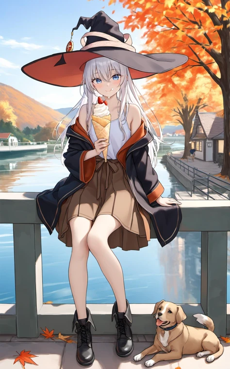 (masterpiece),(bestquality),artist鮿-é¸çé»è½§å²åä¸,crepe,1girl,elaina (majo no tabitabi),broom,hat,blue eyes,outdoors,witch hat,cream on face,long hair,skirt,food,food on face,black footwear,holding food,bangs,black headwear,holding,day,hair between eyes,shirt,bag,tree,sitting,cover image,dog,off shoulder,boots,looking at viewer,tongue out,solo,blush,tongue,long sleeves,railing,building,witch,black skirt,smile,black robe,eating,:q,robe,pointy footwear,ankle boots,white hair,open clothes,full body,autumn leaves,white shirt,wide sleeves,water,reflective water,fruit,bare shoulders,sleeveless shirt,holding broom,floating hair,closed mouth,brown skirt,two-sided fabric,reflection,cream,brown shirt,sky,blue sky,licking lips,leaf,
