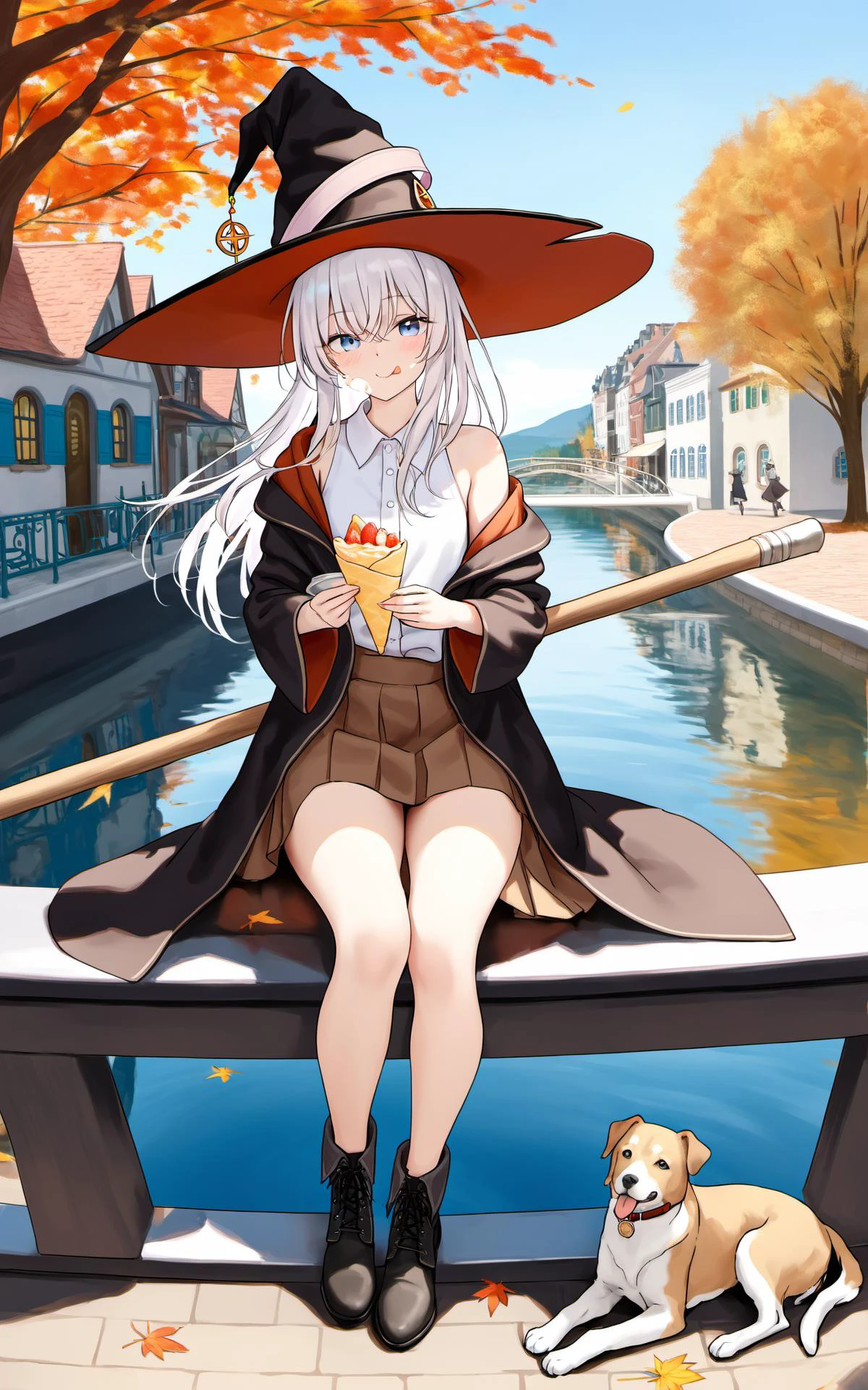 (masterpiece),(bestquality),artist鮿-é¸çé»è½§å²åä¸,crepe,1girl,elaina (majo no tabitabi),broom,hat,blue eyes,outdoors,witch hat,cream on face,long hair,skirt,food,food on face,black footwear,holding food,bangs,black headwear,holding,day,hair between eyes,shirt,bag,tree,sitting,cover image,dog,off shoulder,boots,looking at viewer,tongue out,solo,blush,tongue,long sleeves,railing,building,witch,black skirt,smile,black robe,eating,:q,robe,pointy footwear,ankle boots,white hair,open clothes,full body,autumn leaves,white shirt,wide sleeves,water,reflective water,fruit,bare shoulders,sleeveless shirt,holding broom,floating hair,closed mouth,brown skirt,two-sided fabric,reflection,cream,brown shirt,sky,blue sky,licking lips,leaf,