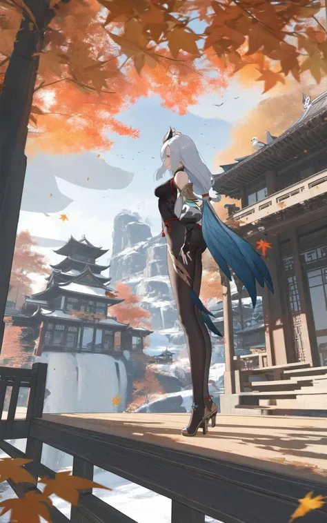(masterpiece),(best quality),artist void0,1girl,bird,shenhe (genshin impact),solo,architecture,scenery,long hair,white hair,east asian architecture,outdoors,tree,leaf,hair ornament,standing,thighhighs,long sleeves,bangs,black bodysuit,building,bodysuit,wide shot,autumnleaves,[artistä¸æ¸²äº],