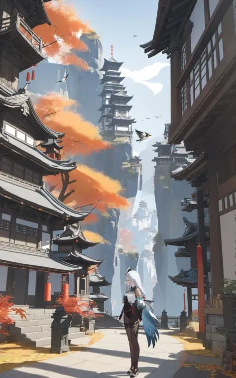 (masterpiece),(best quality),artist void0,1girl,bird,shenhe (genshin impact),solo,architecture,scenery,long hair,white hair,east asian architecture,outdoors,tree,leaf,hair ornament,standing,thighhighs,long sleeves,bangs,black bodysuit,building,bodysuit,wide shot,autumnleaves,[artistä¸æ¸²äº],