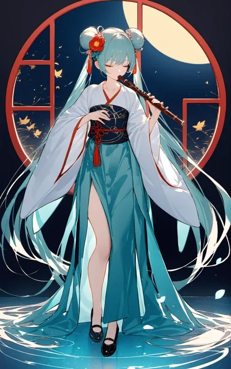 masterpiece,best quality,nai3,1girl,solo,long hair,instrument,closed eyes,very long hair,flute,hatsune miku,music,holding,hanfu,moon,playing instrument,full body,chinese clothes,hair ornament,holding instrument,double bun,hair bun,black footwear,wide sleeves,bangs,standing,twintails,full moon,hair flower,flower,long sleeves,round window,aqua hair,night,closed mouth,skirt,tassel,facing viewer,