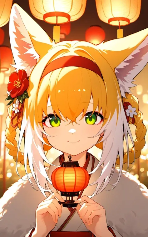 (masterpiece),(best quality),nai3,1girl,animal ears,solo,suzuran (arknights),hair ornament,green eyes,fox ears,japanese clothes,hairband,blonde hair,looking at viewer,flower,kimono,lantern,red hairband,hair flower,paper lantern,red flower,upper body,multicolored hair,closed mouth,braid,smile,animal ear fluff,white hair,bangs,hair between eyes,holding,fox girl,alternate costume,long hair,hair rings,white flower,two-tone hair,