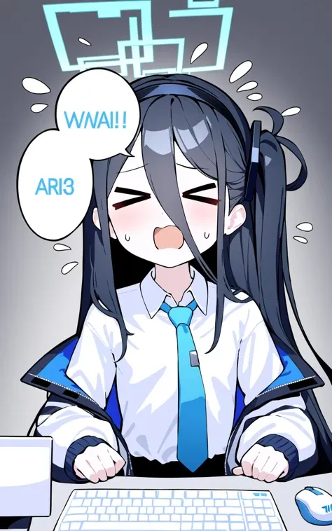 (masterpiece),(best quality),nai3,TendouArisu,1girl,aris (blue archive),necktie,solo,>_<,keyboard (computer),halo,long hair,hair between eyes,monitor,jacket,shirt,hairband,collared shirt,black hair,blue necktie,simple background,open mouth,white shirt,one side up,closed eyes,long sleeves,speech bubble,english text,grey background,flying sweatdrops,black hairband,mouse (computer),upper body,sweat,bangs,computer,open clothes,very long hair,