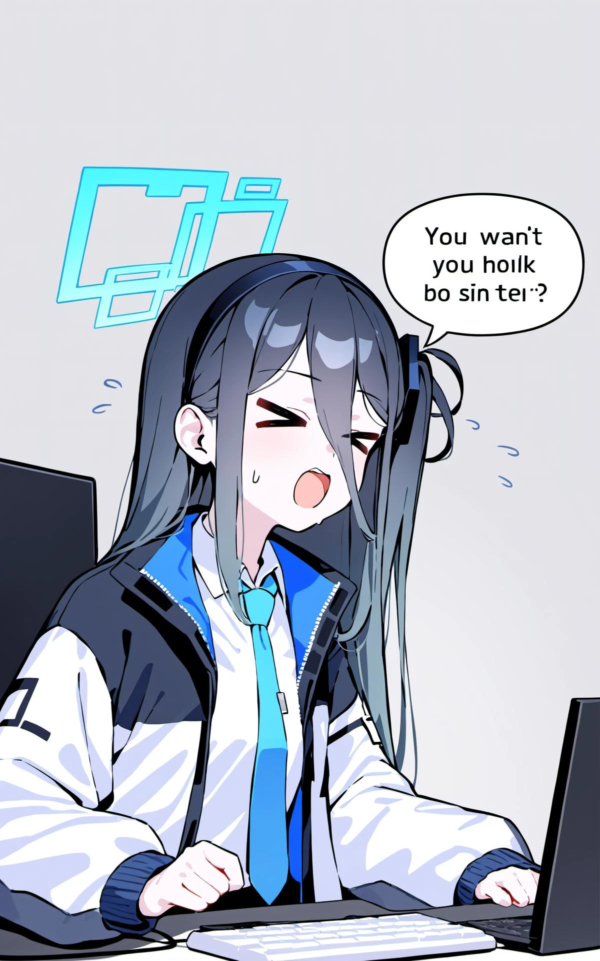 (masterpiece),(best quality),nai3,TendouArisu,1girl,aris (blue archive),necktie,solo,>_<,keyboard (computer),halo,long hair,hair between eyes,monitor,jacket,shirt,hairband,collared shirt,black hair,blue necktie,simple background,open mouth,white shirt,one side up,closed eyes,long sleeves,speech bubble,english text,grey background,flying sweatdrops,black hairband,mouse (computer),upper body,sweat,bangs,computer,open clothes,very long hair,