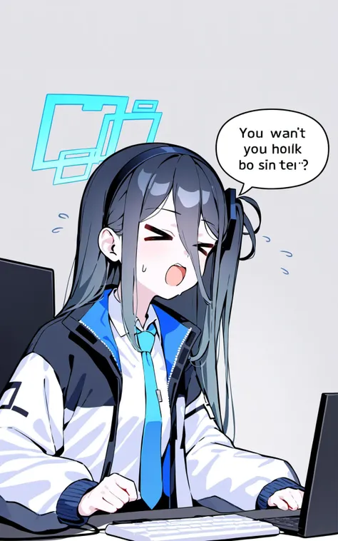 (masterpiece),(best quality),nai3,TendouArisu,1girl,aris (blue archive),necktie,solo,>_<,keyboard (computer),halo,long hair,hair between eyes,monitor,jacket,shirt,hairband,collared shirt,black hair,blue necktie,simple background,open mouth,white shirt,one side up,closed eyes,long sleeves,speech bubble,english text,grey background,flying sweatdrops,black hairband,mouse (computer),upper body,sweat,bangs,computer,open clothes,very long hair,