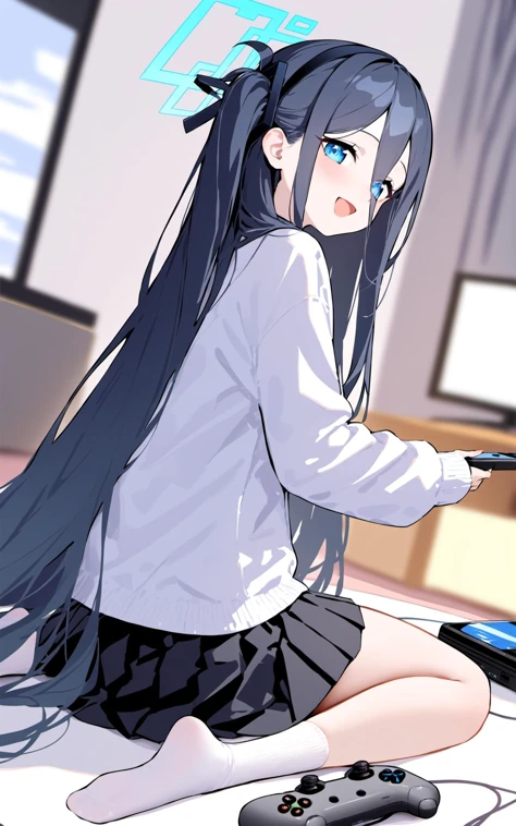 (masterpiece), (best quality), nai3, aris (blue archive), 1girl, solo, long hair, blue eyes, very long hair, black hair, sitting, hair between eyes, wariza, smile, jacket, looking at viewer, blurry, skirt, socks, hairband, halo, pleated skirt, open mouth, game console, one side up, blurry background, looking back, black skirt, long sleeves, indoors, black hairband, :d, blush, white shirt, holding, playing games, shirt, controller, handheld game console, depth of field, blue hair, no shoes, bangs