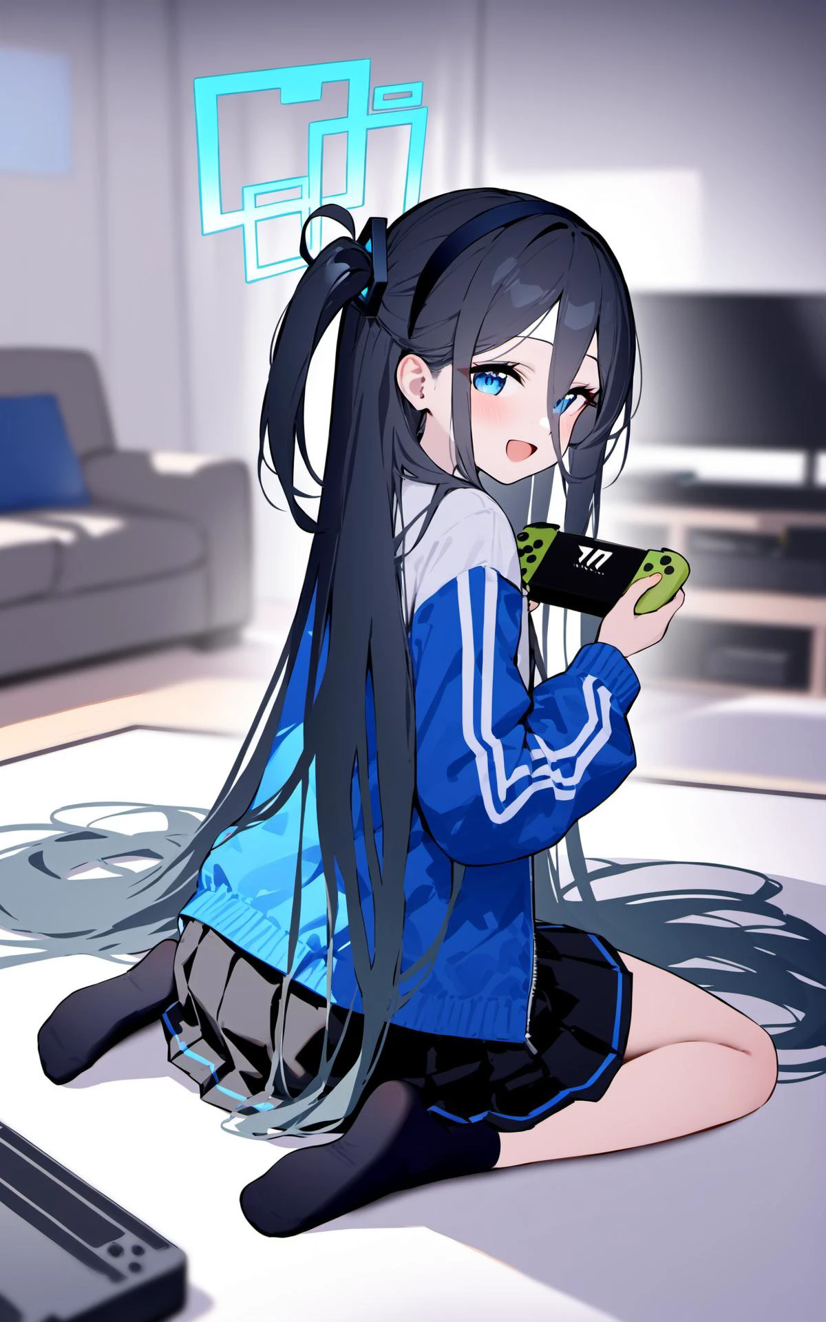 (masterpiece), (best quality), nai3, aris (blue archive), 1girl, solo, long hair, blue eyes, very long hair, black hair, sitting, hair between eyes, wariza, smile, jacket, looking at viewer, blurry, skirt, socks, hairband, halo, pleated skirt, open mouth, game console, one side up, blurry background, looking back, black skirt, long sleeves, indoors, black hairband, :d, blush, white shirt, holding, playing games, shirt, controller, handheld game console, depth of field, blue hair, no shoes, bangs
