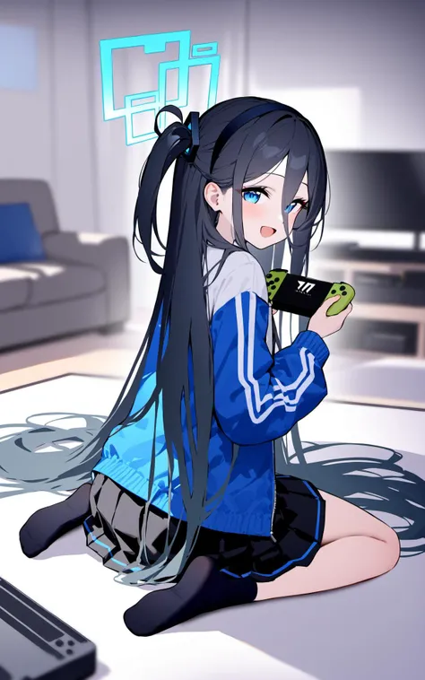 (masterpiece), (best quality), nai3, aris (blue archive), 1girl, solo, long hair, blue eyes, very long hair, black hair, sitting, hair between eyes, wariza, smile, jacket, looking at viewer, blurry, skirt, socks, hairband, halo, pleated skirt, open mouth, game console, one side up, blurry background, looking back, black skirt, long sleeves, indoors, black hairband, :d, blush, white shirt, holding, playing games, shirt, controller, handheld game console, depth of field, blue hair, no shoes, bangs