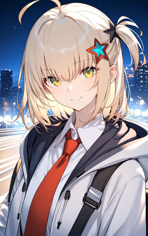 (masterpiece),(best quality),1girl,solo,hair ornament,ahoge,looking at viewer,green eyes,necktie,hood,smile,shirt,jacket,outdoors,upper body,red necktie,bangs,one side up,hood down,night,collared shirt,short hair,closed mouth,open clothes,white shirt,white jacket,sky,hooded jacket,vest,city lights,bag,hair between eyes,open jacket,blonde hair,yellow eyes,star (symbol),hooded coat,city,medium hair,