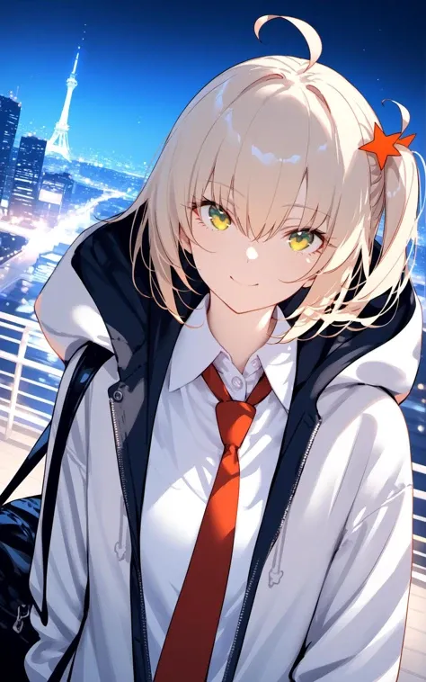 (masterpiece),(best quality),1girl,solo,hair ornament,ahoge,looking at viewer,green eyes,necktie,hood,smile,shirt,jacket,outdoors,upper body,red necktie,bangs,one side up,hood down,night,collared shirt,short hair,closed mouth,open clothes,white shirt,white jacket,sky,hooded jacket,vest,city lights,bag,hair between eyes,open jacket,blonde hair,yellow eyes,star (symbol),hooded coat,city,medium hair,