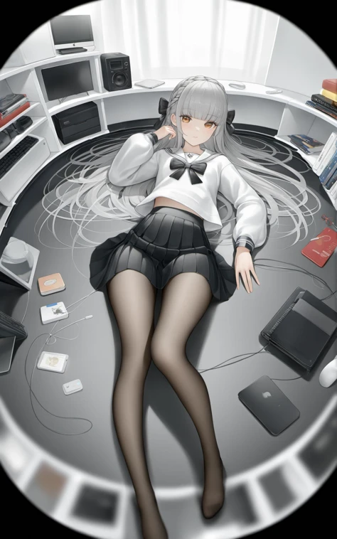 (masterpiece),(bestquality), artistå ç¬å¤§è¼,chowbie_jue, bangs, black_bow, black_pantyhose, black_skirt, blurry, blurry_background, bow, braid, brown_eyes, grey_hair, hair_between_eyes, hair_bow, hand_up, highres, legs, long_hair, long_sleeves, looking_at_viewer, original, black background, pantyhose, pleated_skirt, puffy_long_sleeves, puffy_sleeves, sailor_collar, shirt, skirt, solo, standing, white_sailor_collar, white_shirt, solo, messy room, loaded interior, bedroom, (((otaku room))), (computer)wide shot, (lying on back:1.3), Herb Ritts, cowboy shot, fisheye,