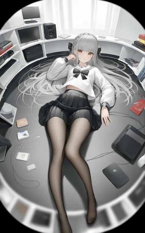 (masterpiece),(bestquality), artistå ç¬å¤§è¼,chowbie_jue, bangs, black_bow, black_pantyhose, black_skirt, blurry, blurry_background, bow, braid, brown_eyes, grey_hair, hair_between_eyes, hair_bow, hand_up, highres, legs, long_hair, long_sleeves, looking_at_viewer, original, black background, pantyhose, pleated_skirt, puffy_long_sleeves, puffy_sleeves, sailor_collar, shirt, skirt, solo, standing, white_sailor_collar, white_shirt, solo, messy room, loaded interior, bedroom, (((otaku room))), (computer)wide shot, (lying on back:1.3), Herb Ritts, cowboy shot, fisheye,