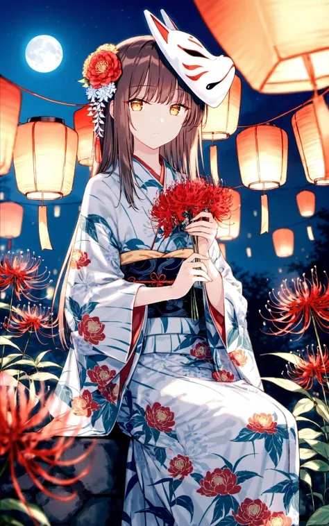 (masterpiece), (best quality),artist Hiten, 1girl, japanese clothes, flower, kimono, solo, mask, long hair, hair flower, hair ornament, fox mask, holding, looking at viewer, red flower, night, brown hair, moon, floral print, holding flower, full moon, spider lily, sitting, bangs, wide sleeves, mask on head, outdoors, yellow eyes, sky, blurry, print kimono, long sleeves, closed mouth, night sky, lantern, expressionless, blurry background, water,