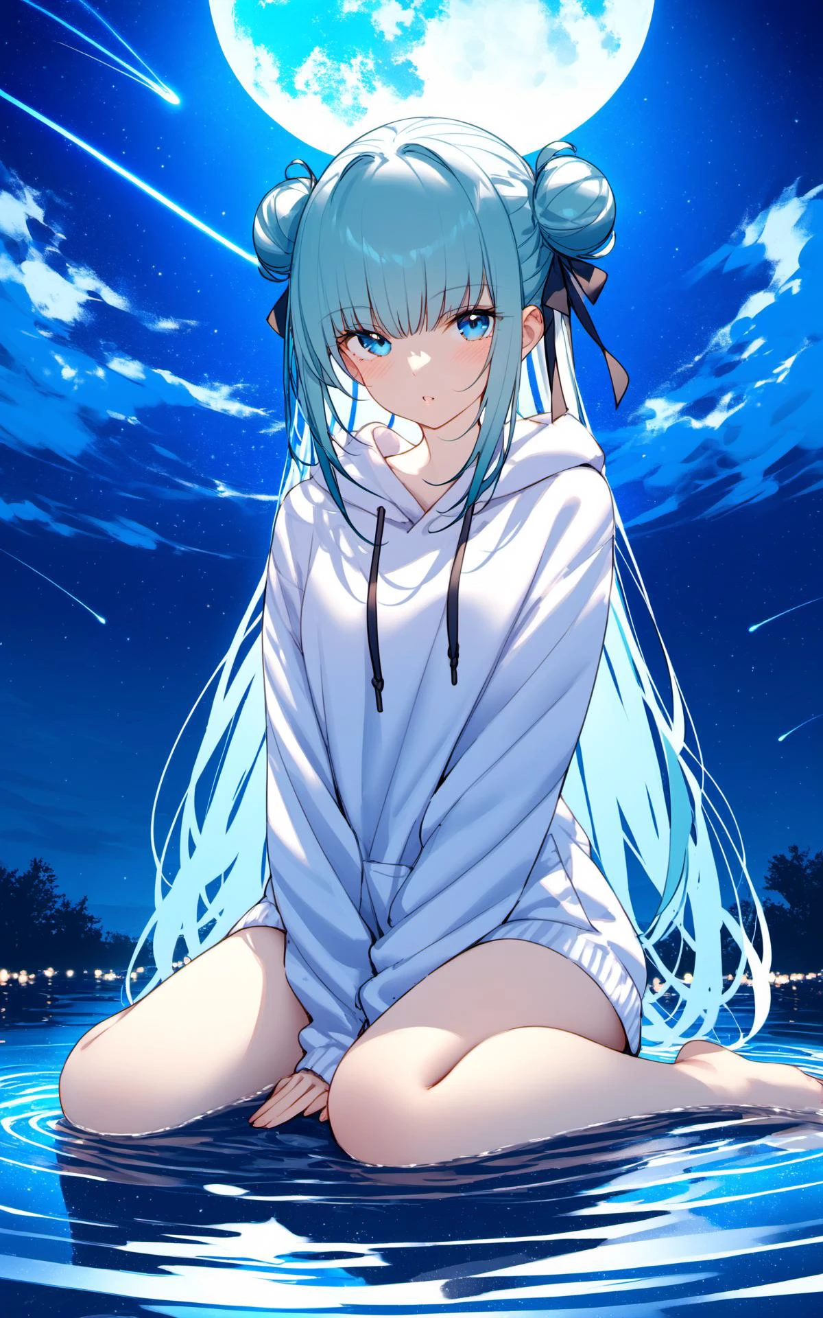 (masterpiece),(best quality),1girl, solo, long hair, looking at viewer, blush, bangs, blue eyes, long sleeves, ribbon, sitting, very long hair, closed mouth, blue hair, full body, hair ribbon, outdoors, parted lips, sky, barefoot, cloud, hood, water, hair bun, bare legs, double bun, black ribbon, aqua hair, hoodie, night, wariza, moon, hood down, star \(sky\), night sky, full moon, between legs, starry sky, reflection, hand between legs, drawstring, ripples, white hoodie, shooting star, reflective water,