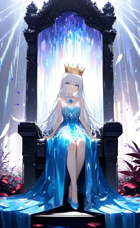 (extremely detailed CG unity 8k wallpaper),(masterpiece),(best quality),(ultra-detailed),((an extremely and beautiful girl)),a girl,long hair,white hair,blue eyes,glowing eyes,Golden Crown,queen,Crystal Tears,Sparkling ice dress,(More detailed skirt),throne,Sit on throne,evil smile,Deep eyesFloating crystal,Broken scene,fluttering skirt,Scattered feathers,Optical particle,Blue(flowers|crystal:0.5),(Gorgeous and complex scenes:1.2),see-through,panorama,Cowboy lens,