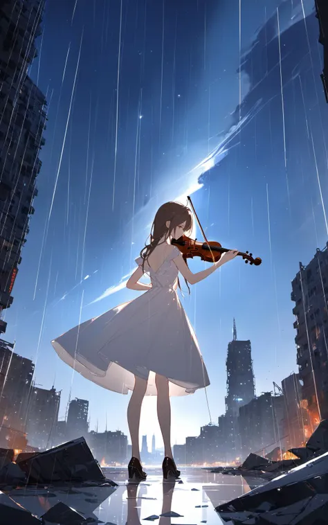 (masterpiece),(best quality),nai3,amiya_(arknights),pencil sketch lines,{{ask (askzy)}},{{{kobuichi, muririn}}},game cg,extremely detailed CG unity 8k wallpaper,00{{1girl}},solo,White nightdress,Playing the violin,light spot,reflection,looking back,Abandoned city,broken sky,raining,moonlight,{detailed face},{detailed eyes},extremely detailed figure,best quality,amazing quality,very aesthetic,absurdres,best quality,amazing quality,very aesthetic,absurdres,